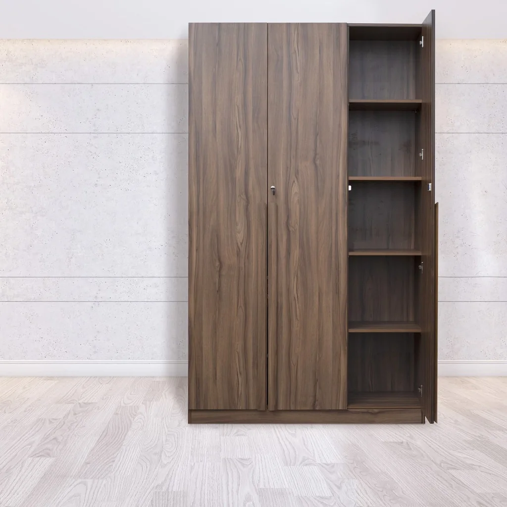 Pearl three shutter wardrobe, pre-laminated hardwood mdf walnut finish