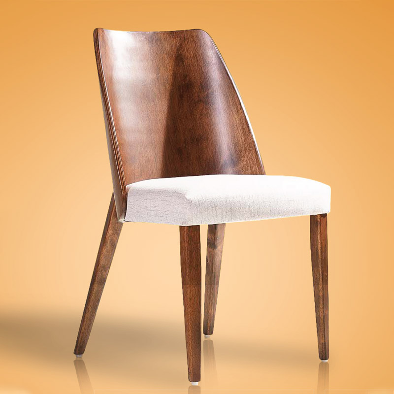 Modern wooden side chair with a cushioned cream seat and dark walnut finish